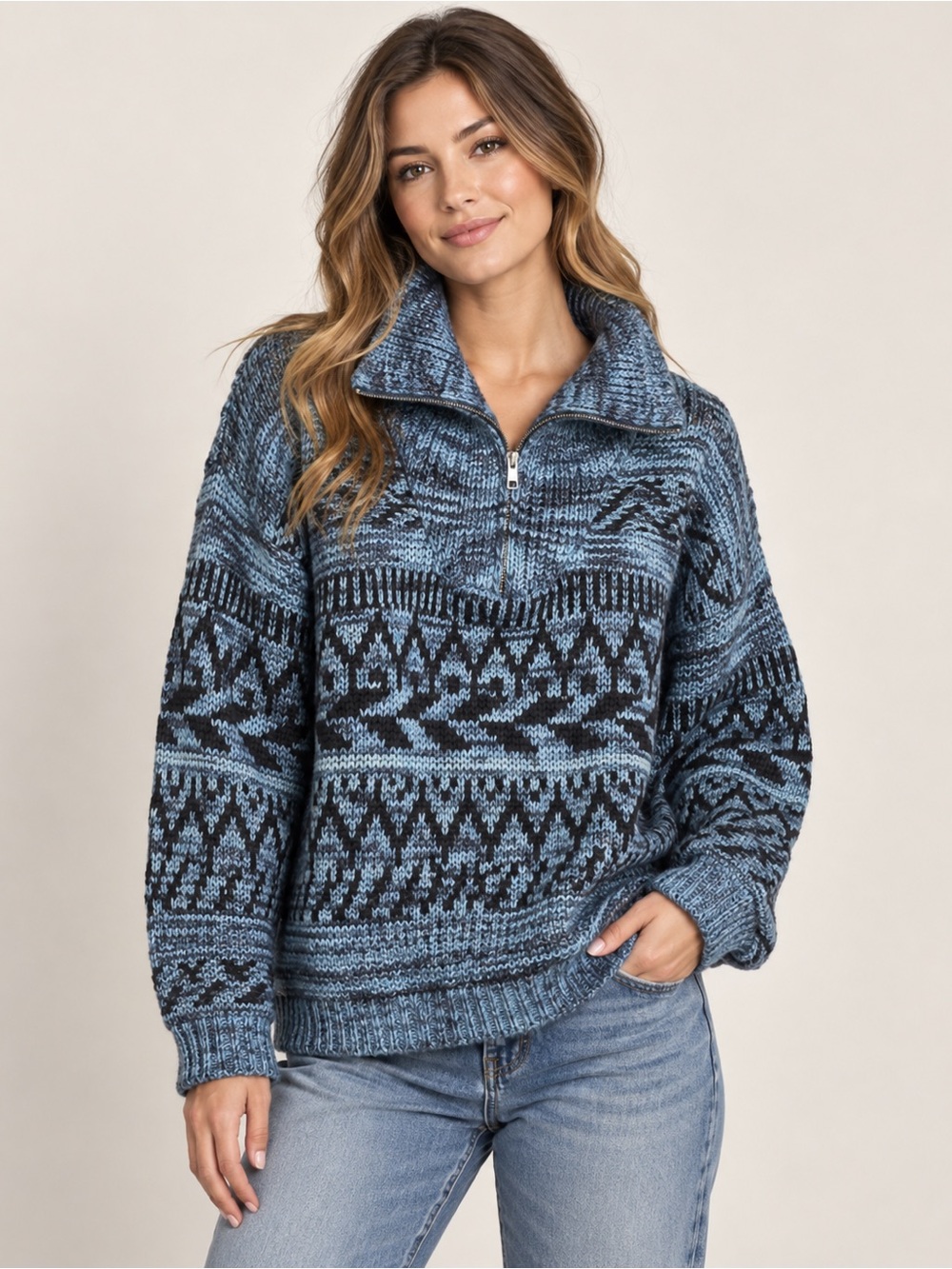 John + Jenn Fair Isle Nordic Quarter Zip Oversized Sweater Blue Black Size S